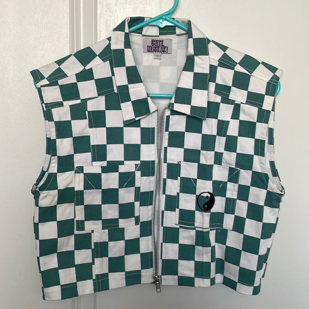 Teal and white checkered zip vest